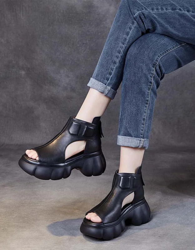 End Of Season Sale Retro Leather Cut Out Open Toe Platfrom Sandals